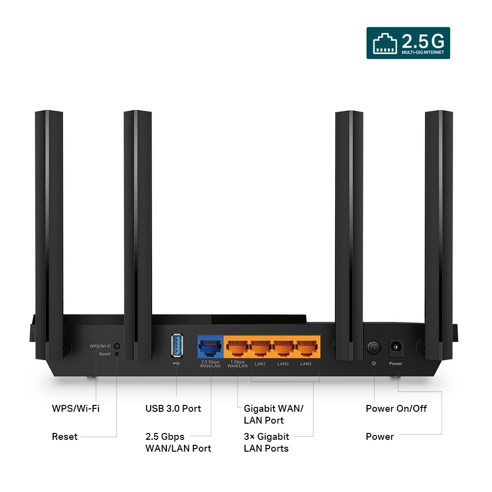 33fe0729-14d9-4f18-81b3-219dff03897b Wireless Router TP-LINK Wireless Router 3000 Mbps Wi-Fi 6 IEEE 802.11a IEEE 802.11 b/g IEEE 802.11n IEEE 802.11ac IEEE 802.11ax USB 3.0 3x10/100/1000M 1x2.5GbE LAN WAN ports 1 Number of antennas 4 ARCHERAX55PRO