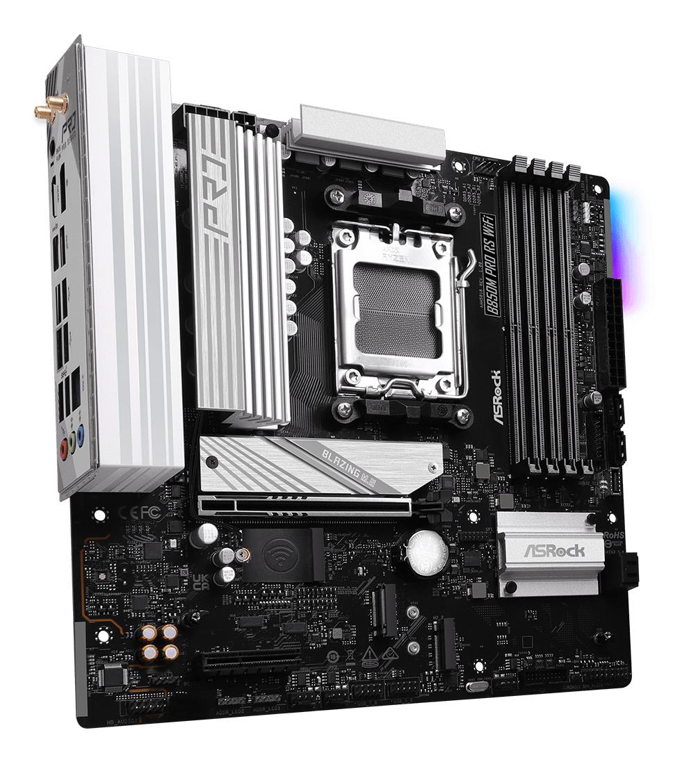 3632e18f-0b9e-45d6-b7b5-6db2fee6afa7 Motininė plokštė ASROCK B850M su matomais prievadais ir jungtimis