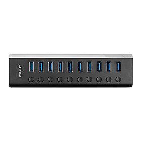 39577741-9d08-47b8-822c-1d3ce58be146 USB3 I/O HUB su 10 prievadų, matomas iš šono su prijungtais įrenginiais