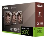 Vaizdo plokštė ASUS NVIDIA GeForce RTX 5080 su GDDR7 atmintimi, šoninis vaizdas