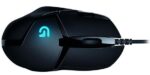 Pelė Logitech G402, juoda, šoninis vaizdas su mygtukais ir sensoriaus detalėmis
