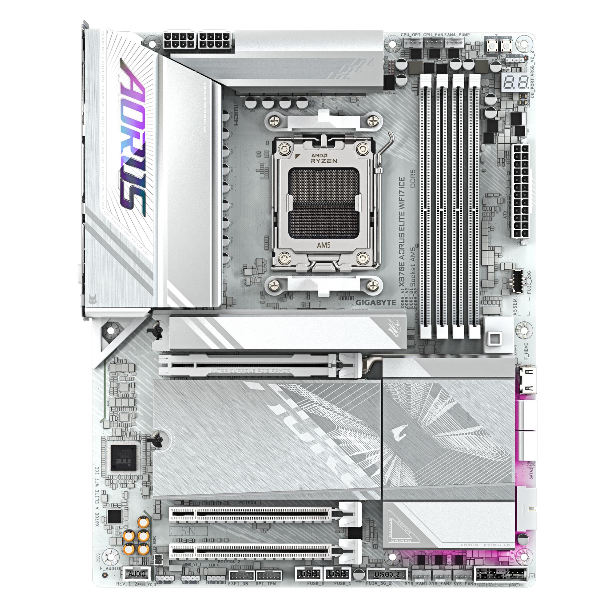 40d912c5-0cc8-46c1-a9e4-f346e9d63030 Mainboard GIGABYTE AMD X870 SAM5 ATX Memory DDR5 Memory slots 4 1xPCI-Express 3.0 2x 1xPCI-Express 4.0 4x 1xPCI-Express 5.0 16x 4xM.2 1xHDMI 4xUSB 2.0 6xUSB 3.2 2xUSB-C 1xOptical S/PDIF 1xRJ45 2xAudio port X870EAELITEWF7ICE1.2