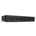 I/O HUB USB3 7PORT/43228 LINDY, matomas iš šono, rodo prievadų išdėstymą