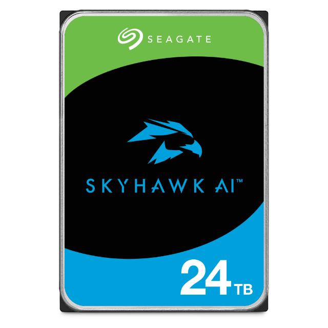 416277a9-3a2f-4b82-86a5-af74b296dd2c HDD SEAGATE SkyHawk AI 24TB, šoninis vaizdas su jungtimis ir etiketėmis