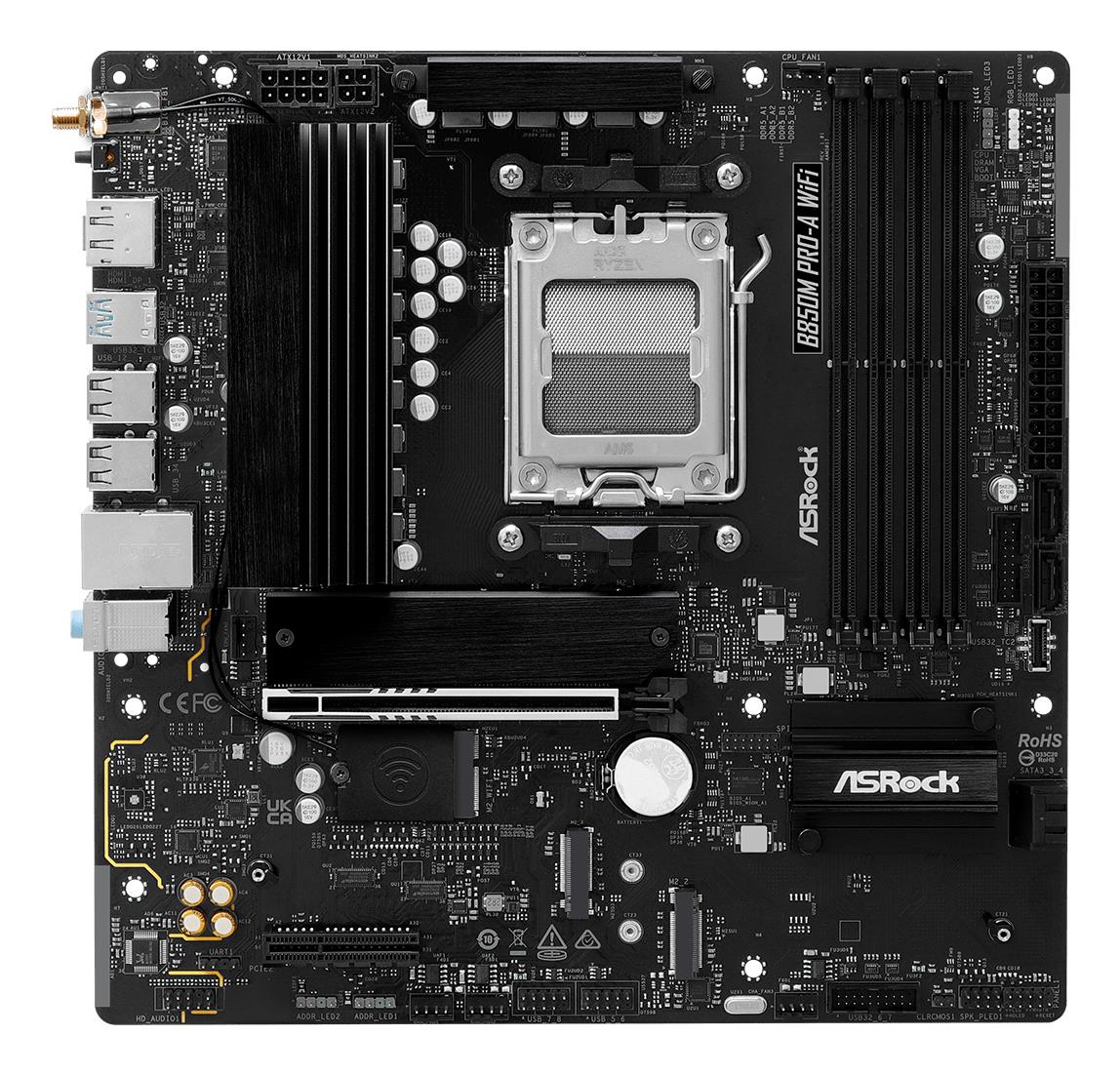 42abb664-86d8-404f-9daa-4adbadaaf5ba Motininė plokštė ASROCK B850M PRO-A WIFI, šoninis vaizdas su prievadų išdėstymu