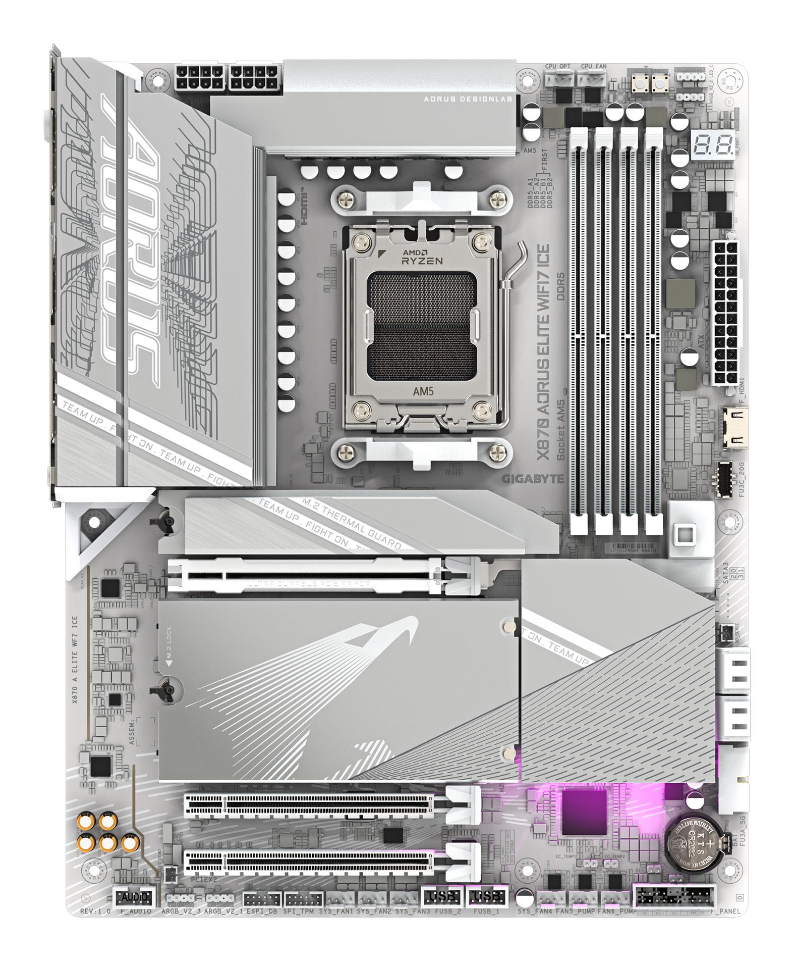 4372fcfd-2d8b-401d-a810-82b90b1dc637 Mainboard GIGABYTE AMD X870E SAM5 ATX Memory DDR5 Memory slots 4 1xPCI-Express 3.0 2x 1xPCI-Express 4.0 4x 1xPCI-Express 5.0 16x 4xM.2 1xHDMI 4xUSB 2.0 6xUSB 3.2 2xUSB-C 1xOptical S/PDIF 1xRJ45 2xAudio port X870AELITEWF7ICE1.1