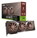 Vaizdo plokštė ASUS NVIDIA GeForce RTX 5080 su atidengtu PCB ir aušinimo sistema