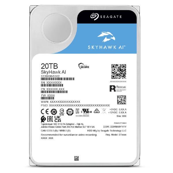 451ae05f-c7d1-43b7-a40c-96f7cb6f899e HDD SEAGATE SkyHawk AI 20TB, šoninis vaizdas su jungtimis ir etiketėmis
