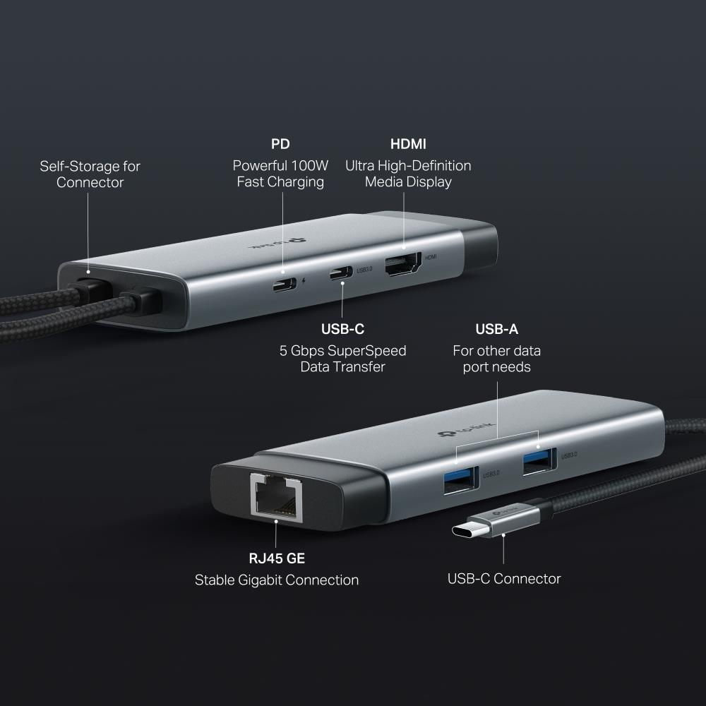 478f576a-8099-4027-a423-8788ee0c0ade I/O HUB USB-C 6PORT/UH6120C TP-LINK iš šono, rodo prievadų išdėstymą