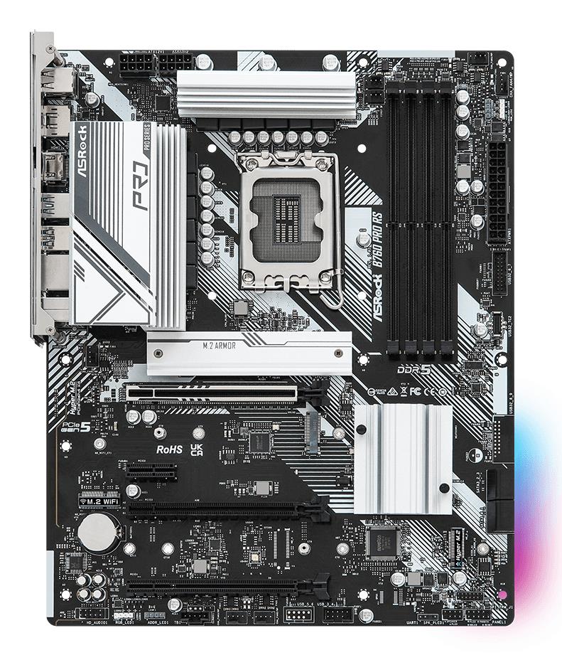 47a033e7-a24c-4a80-b44e-b670cc734602 Mainboard ASROCK Intel B760 Express LGA1700 ATX Memory DDR5 Memory slots 4 1xPCI-Express 3.0 1x 1xPCI-Express 3.0 16x 1xPCI-Express 4.0 16x 1xPCI-Express 5.0 16x 3xM.2 1xHDMI 1xDisplayPort 2xUSB 2.0 5xUSB 3.2 1xUSB-C 1xRJ45 3xAudio port B760PRORS