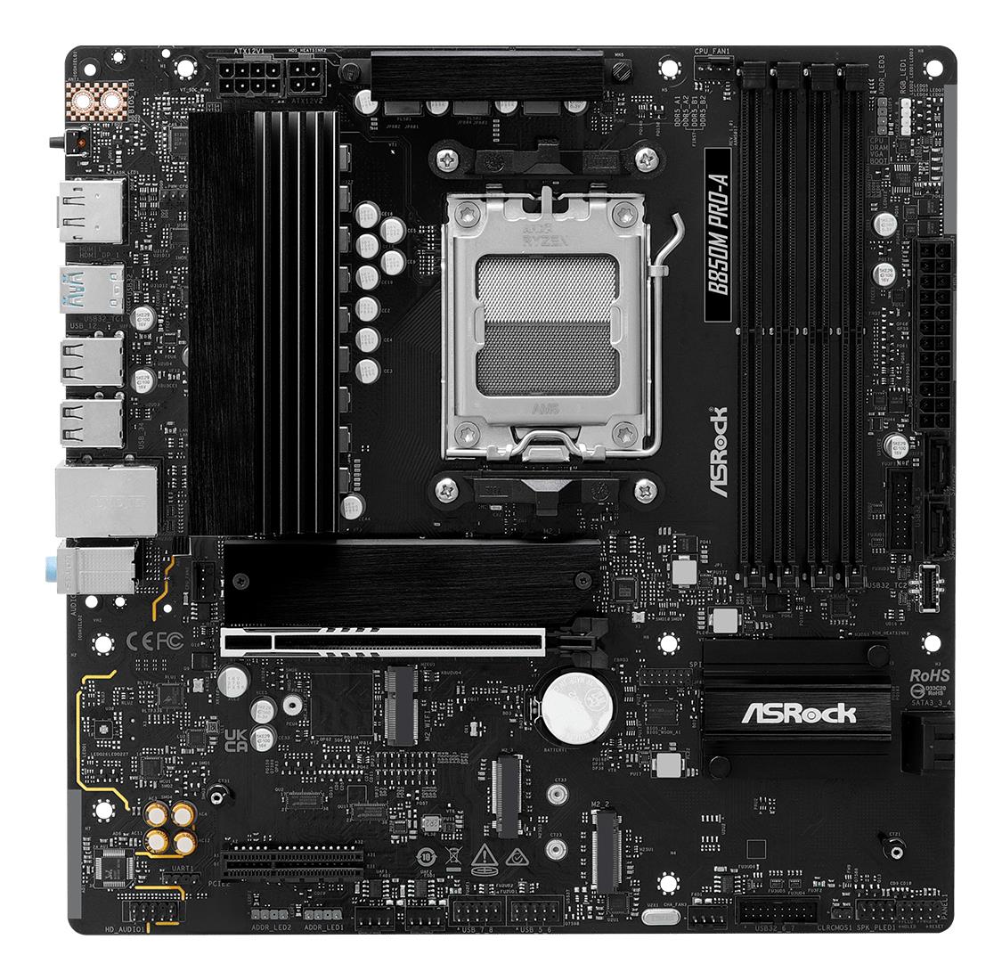 48c3b2ae-0db9-4a7f-ad66-fafa9fe38e51 ASROCK B850 SAM5 Micro-ATX motininė plokštė, šoninis vaizdas su prievadų išdėstymu