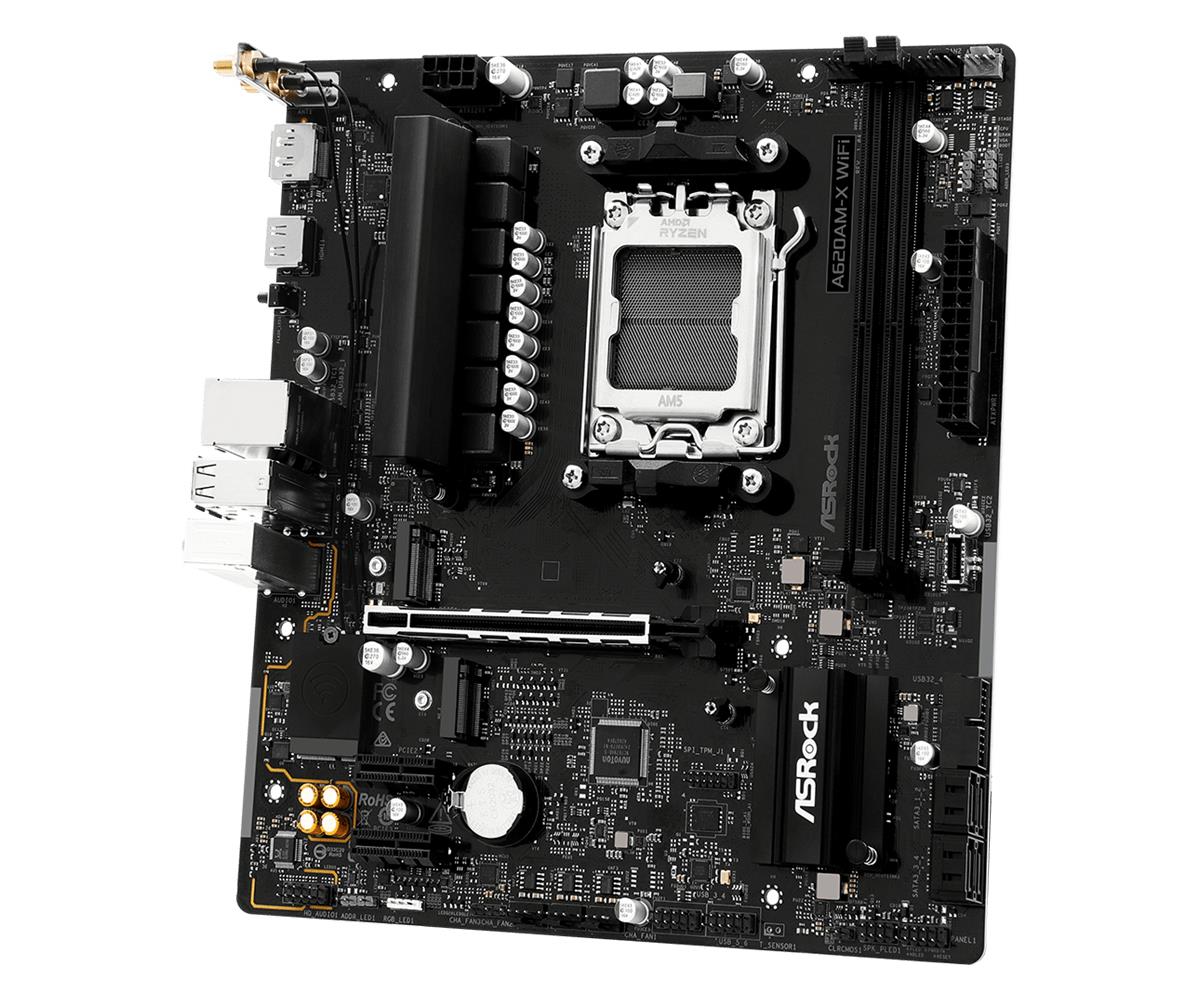 4cf3ad3c-cb14-443d-a9be-e77a0c8f138a ASROCK A620AM-XWIFI motininė plokštė, vaizdas iš šono su jungčių išdėstymu