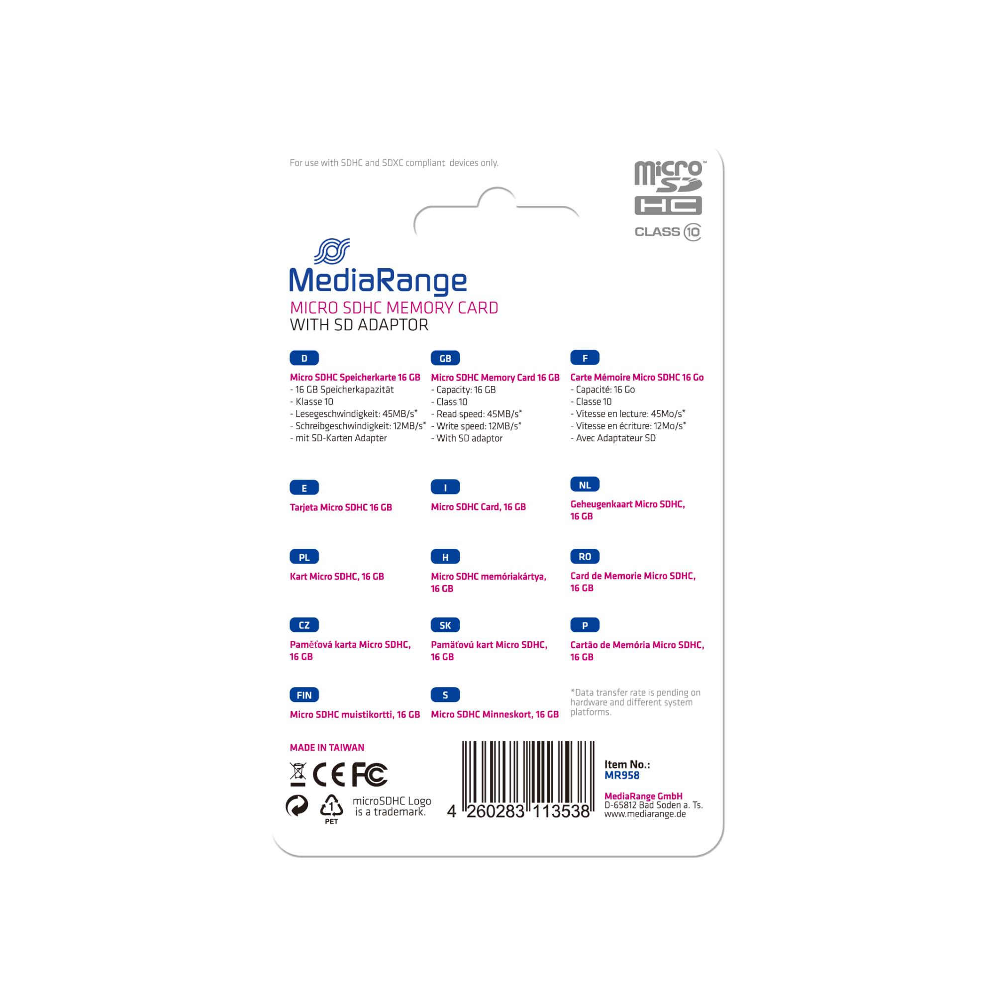 4d53c958-ae0c-4a36-9048-3f8c204f6c1c MEMORY MICRO SDHC 16GB C10/W/ADAPTER MR958 MEDIARANGE