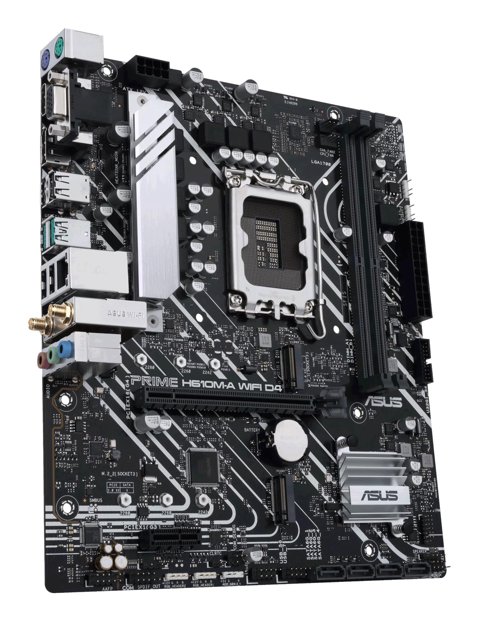 51836736-d6fd-4660-bd26-a2558d6210e3 Mainboard ASUS Intel H610 LGA1700 Micro-ATX Memory DDR4 Memory slots 2 1xPCI-Express 3.0 1x 1xPCI-Express 4.0 16x 2xM.2 1x15pin D-sub 1xHDMI 1xDisplayPort 2xAudio-In 1xAudio-Out 4xUSB 2.0 2xUSB 3.2 2xPS/2 1xRJ45 2xRF-Out H610M-AWIFID4