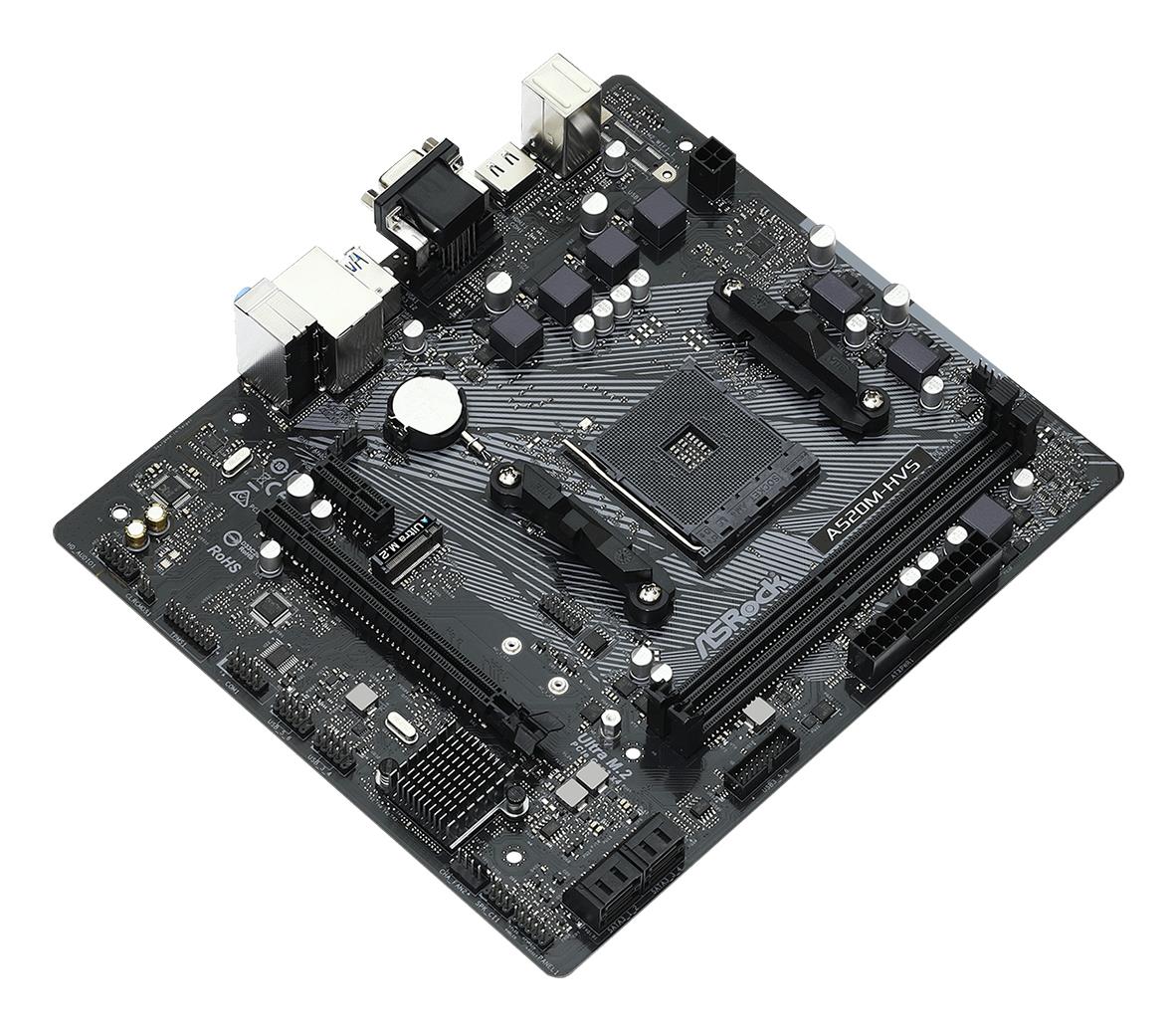 54488631-a5cd-40fe-a09c-485ecd7c2d9d ASROCK A520M-HVS motininė plokštė, šoninis vaizdas su prievadų išdėstymu