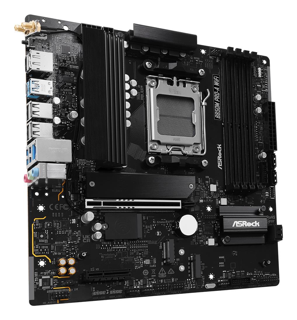 5528f959-4818-43ae-bb4c-cf4cb98d7d97 Motininė plokštė ASROCK B850M PRO-A WIFI, šoninis vaizdas su prievadų išdėstymu