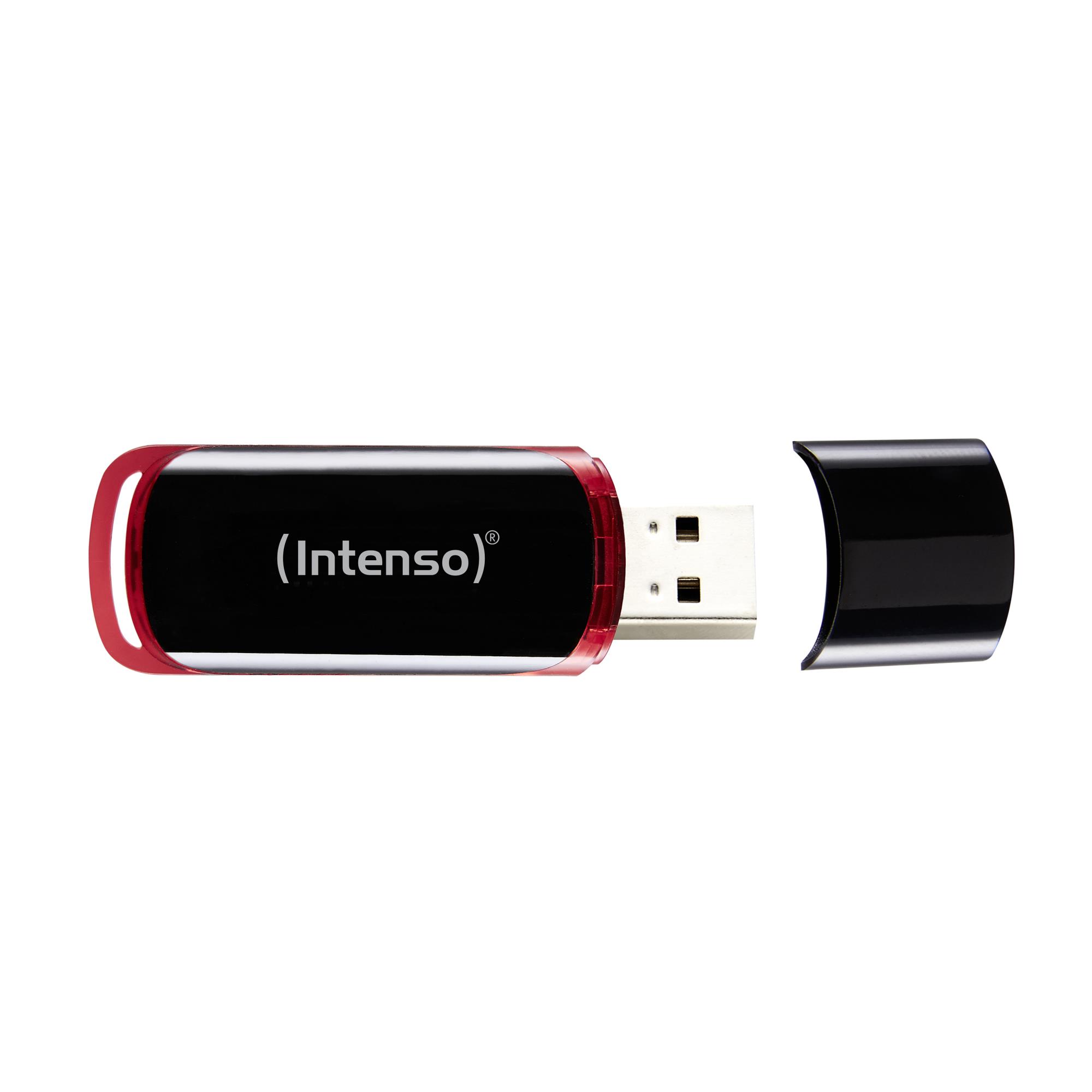 56b52e0a-df40-438d-937a-1b2a922940f4 USB atmintinė Intenso 64GB su juodu ir raudonu korpusu, šoninis vaizdas