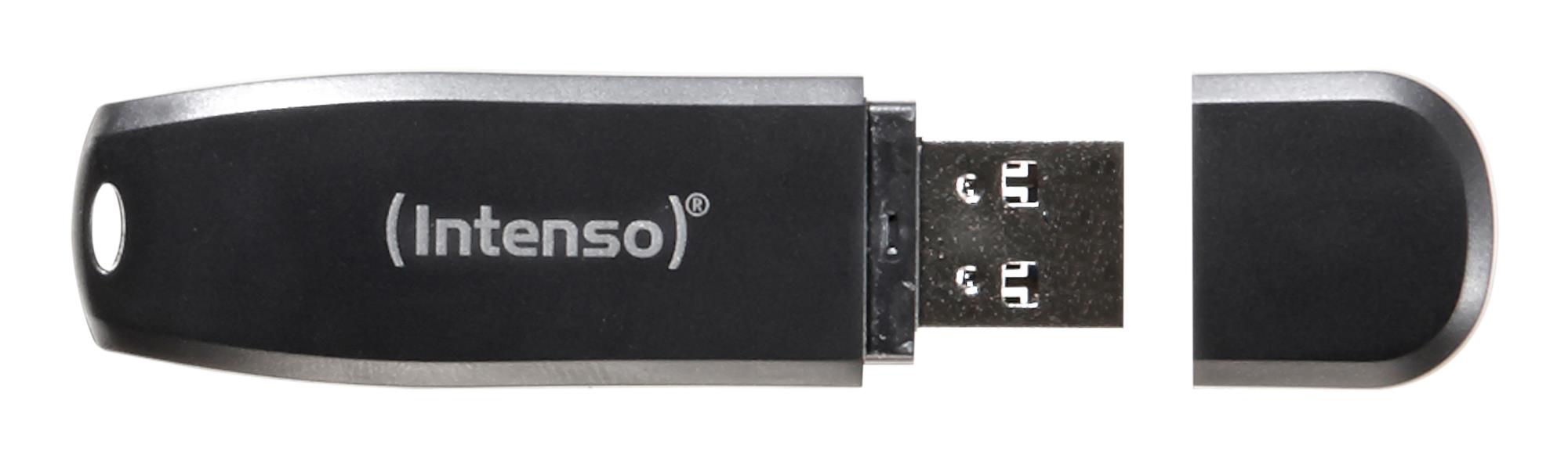 56df2d2f-4b08-4279-806c-5fac68235620 USB atmintinė Intenso 32GB, šoninis vaizdas su atidarytu dangteliu