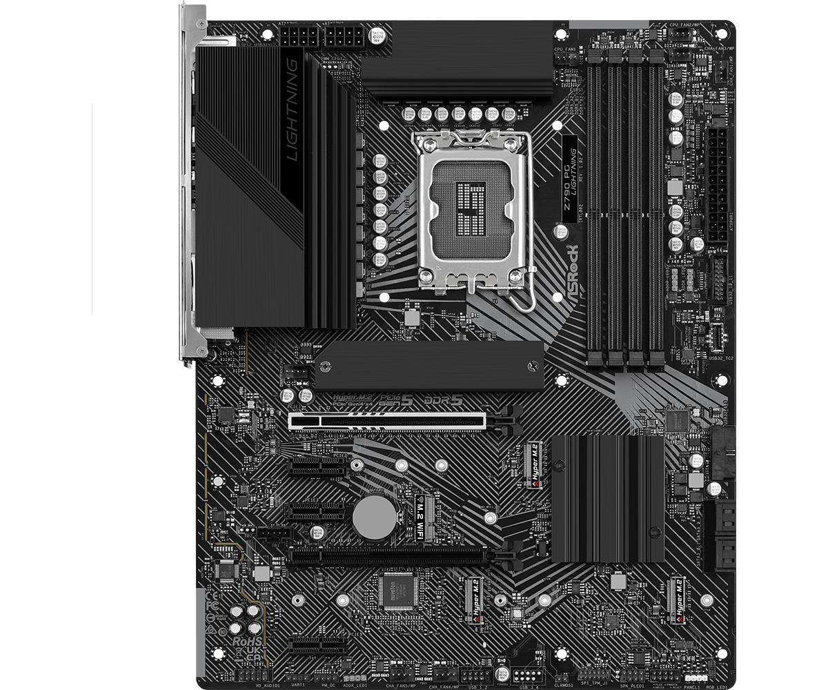 59a74286-45ef-4f26-87de-a3708dc8e4a5 Motininė plokštė ASROCK Z790PGLIGHTNING, šoninis vaizdas su prievadų išdėstymu