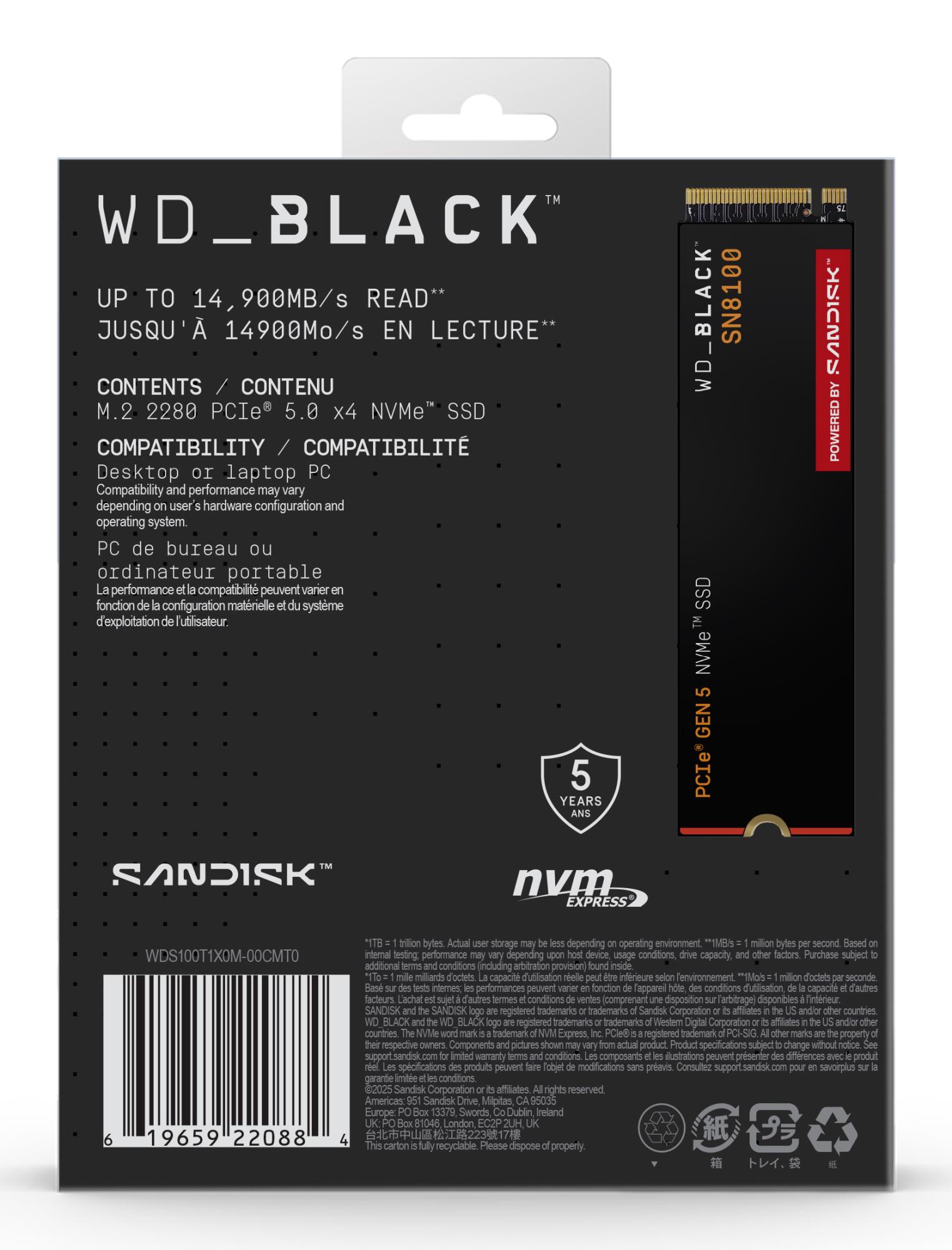 5eff1955-609c-4e51-b5b4-1abb2e739723 SSD WESTERN DIGITAL Black SN8100 1TB M.2 PCIe Gen5 NVMe 3D TLC Write speed 11000 MBytes/sec Read speed 14900 MBytes/sec WDS100T1X0M