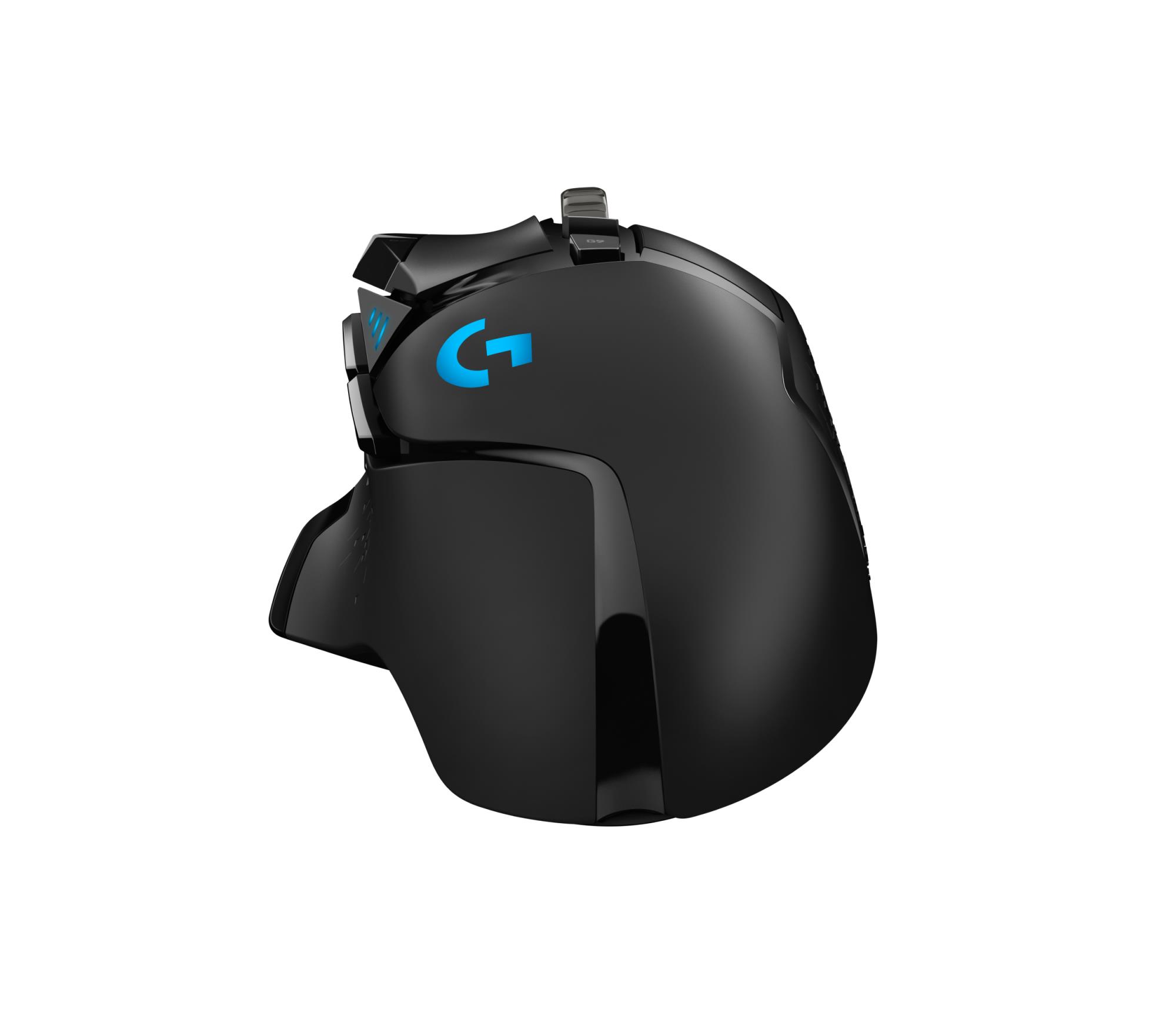 60142c21-a659-4455-8927-fe9c51f0585c Pelė Logitech G502, matoma iš šono, rodo mygtukų išdėstymą