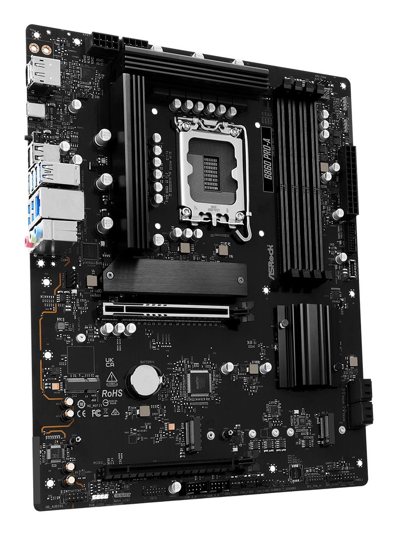 63b12bc7-af2a-4567-8729-2c14413b0874 Motininė plokštė ASROCK B860PRO-A, vaizdas iš šono su prievadų išdėstymu