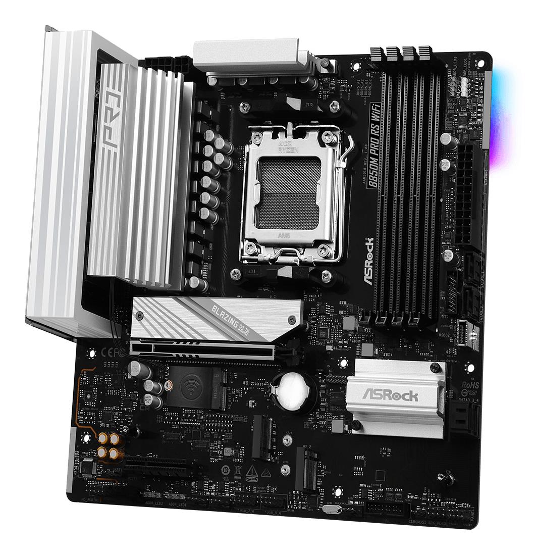 65a17cc8-1213-4ca7-8b67-f4fd590c6cf9 ASROCK B850M PRO RS WIFI motininė plokštė, vaizdas iš viršaus su prievadų išdėstymu
