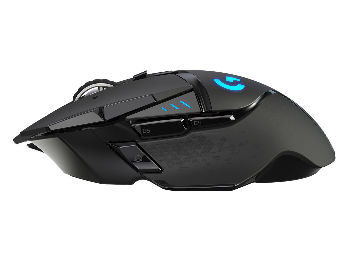 65fcfabf-9a6f-4bf8-a0f4-3631f416f7f7 Pelė Logitech G502 Lightspeed, matoma iš šono, su 11 mygtukų