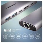 I/O HUB USB-C 6IN1 su matomu prievadų išdėstymu ir kabeliu