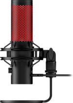 Mikrofonas HyperX QuadCast 2, juodas, matomas iš šono su apšvietimu