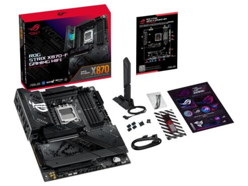 Mainboard ASUS AMD X870 SAM5 ATX Memory DDR5 Memory slots 4 1xPCI-Express 4.0 16x 1xPCI-Express 5.0 16x 4xM.2 1xHDMI 1xDisplayPort 1xAudio-In 1xAudio-Out 5xUSB 3.2 1xUSB-C 2xUSB4 1xRJ45 ROGSTRIXX870-FGAMWIFI
