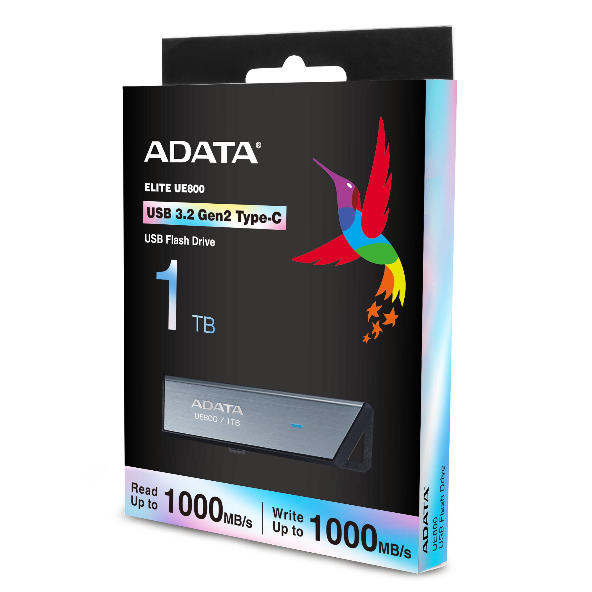 68d049d1-bf3a-42cf-ab54-fbf159c35853 USB-C atminties įrenginys ADATA UE800, sidabrinis, šoninis vaizdas