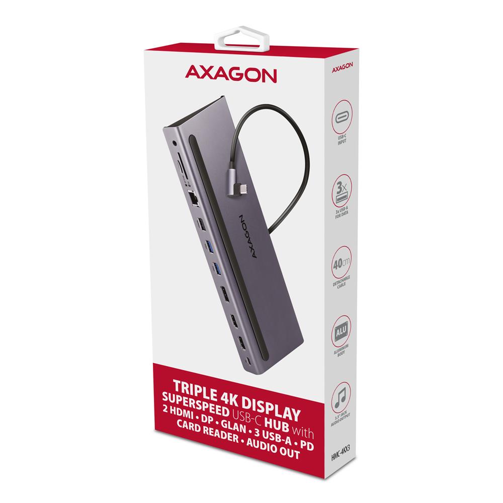 696b5ab1-b3de-4778-b5f0-bb2082e5861b Dokų stotis HMC-4KX3, šoninis vaizdas su HDMI ir USB-C prievadais
