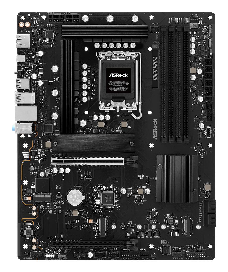 6cd125ab-239d-4e78-b2d0-98a9bc3e719c ASROCK B860PRO-A motininė plokštė, šoninis vaizdas su prievadų išdėstymu