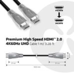 HDMI kabelis su detalizuotu jungčių vaizdu ir 1 metro ilgiu
