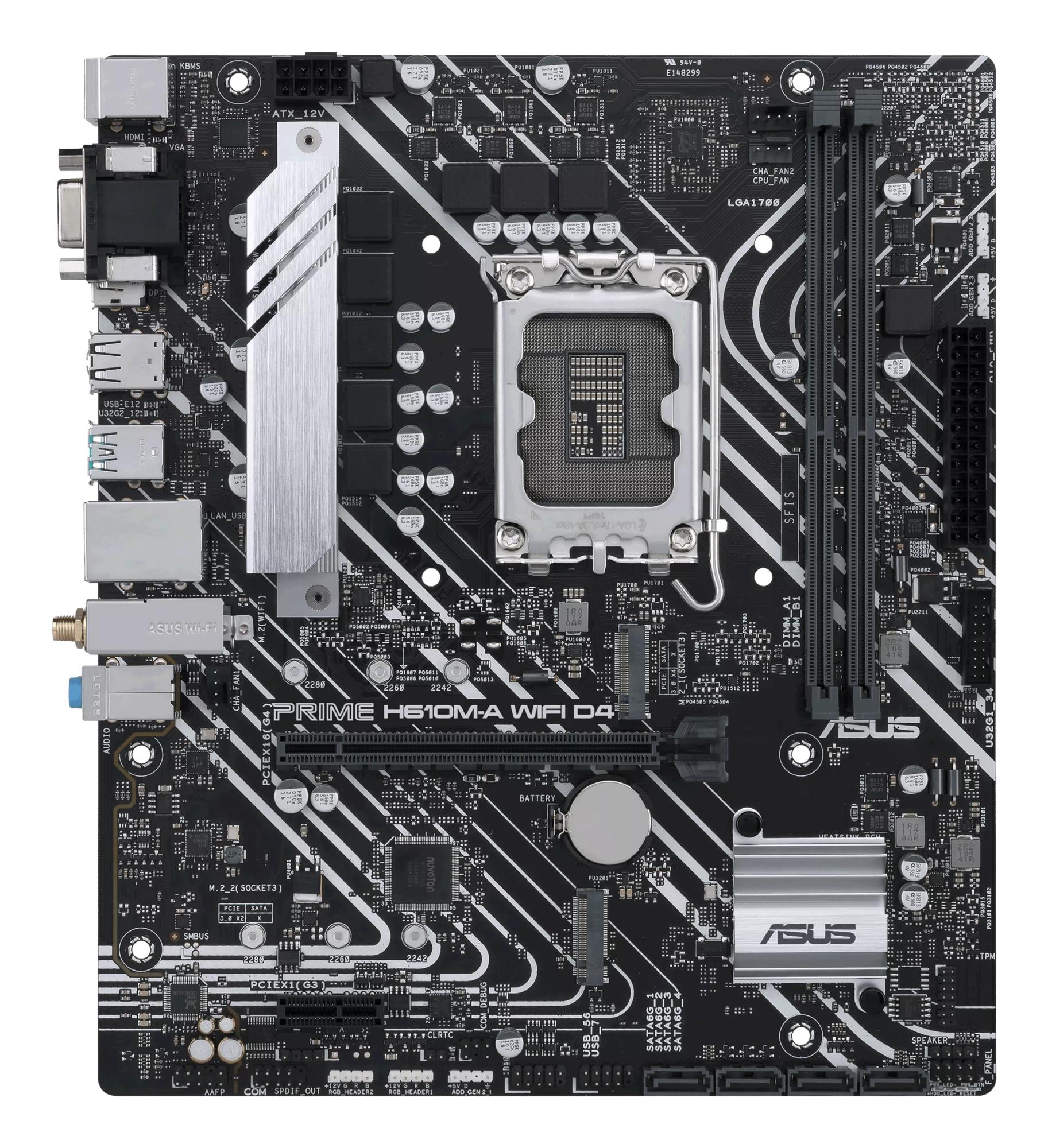 6e8f2436-bcde-43e1-959c-2d2e74270199 Mainboard ASUS Intel H610 LGA1700 Micro-ATX Memory DDR4 Memory slots 2 1xPCI-Express 3.0 1x 1xPCI-Express 4.0 16x 2xM.2 1x15pin D-sub 1xHDMI 1xDisplayPort 2xAudio-In 1xAudio-Out 4xUSB 2.0 2xUSB 3.2 2xPS/2 1xRJ45 2xRF-Out H610M-AWIFID4
