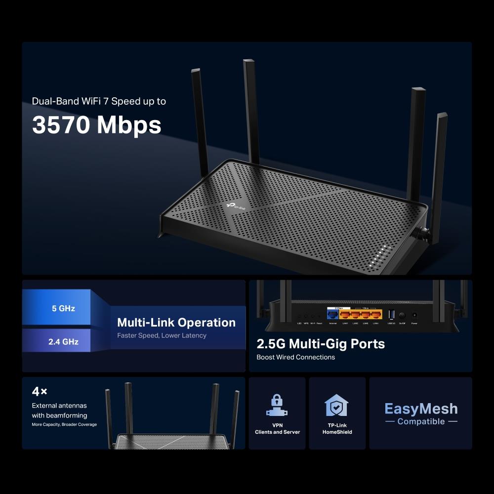 7043c98f-af0a-4819-b03c-1f02a8ab2b15 Wireless Router TP-LINK Wireless Router 3600 Mbps Wi-Fi 7 USB 3.0 3x10/100/1000M 1x2.5GbE LAN WAN ports 1 Number of antennas 4 ARCHERBE230