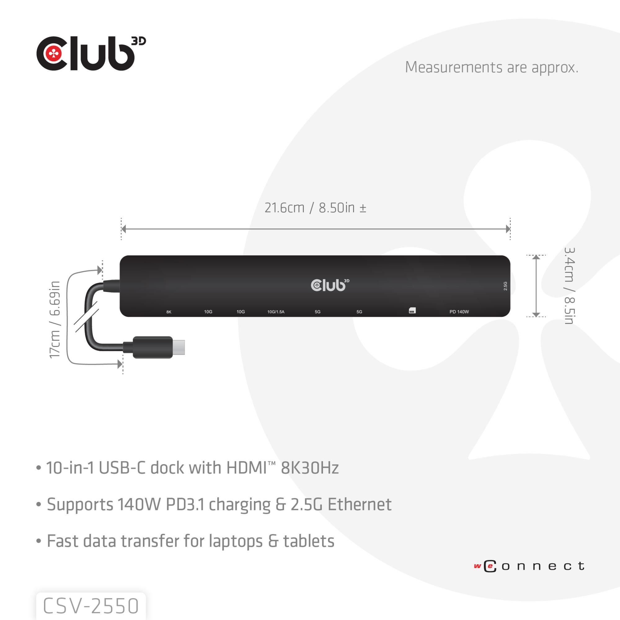 73b49235-d545-42c4-98fc-e0f386e174c7 USB-C doko stotelė Club 3D CSV-2550, šoninis vaizdas su jungčių išdėstymu