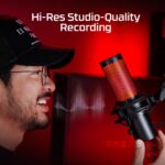 Mikrofonas HyperX QuadCast 2, juodas, matomas iš šono su apšvietimu