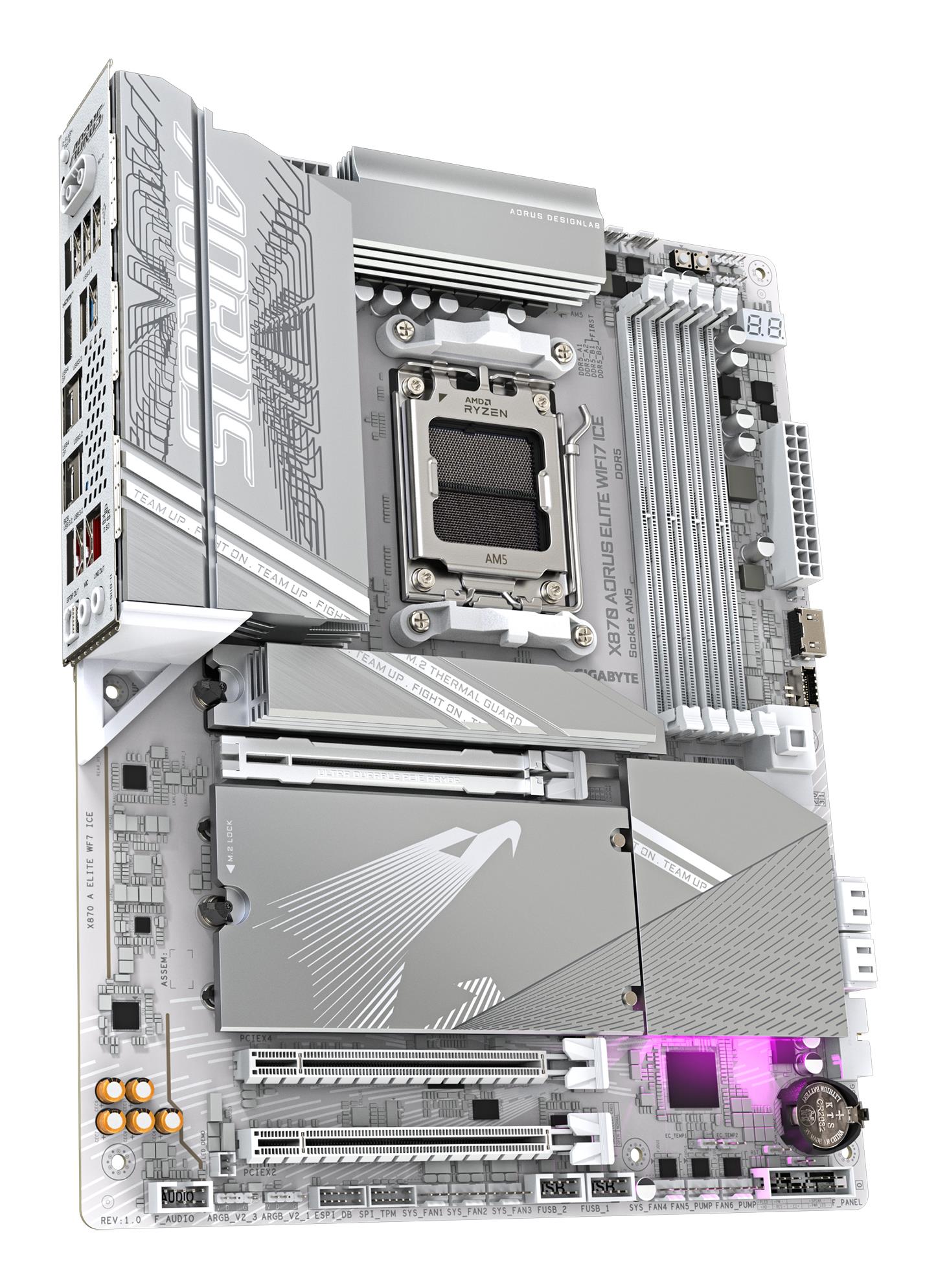 77999932-a5af-4b02-80a3-8f766454e6e1 Mainboard GIGABYTE AMD X870E SAM5 ATX Memory DDR5 Memory slots 4 1xPCI-Express 3.0 2x 1xPCI-Express 4.0 4x 1xPCI-Express 5.0 16x 4xM.2 1xHDMI 4xUSB 2.0 6xUSB 3.2 2xUSB-C 1xOptical S/PDIF 1xRJ45 2xAudio port X870AELITEWF7ICE1.1