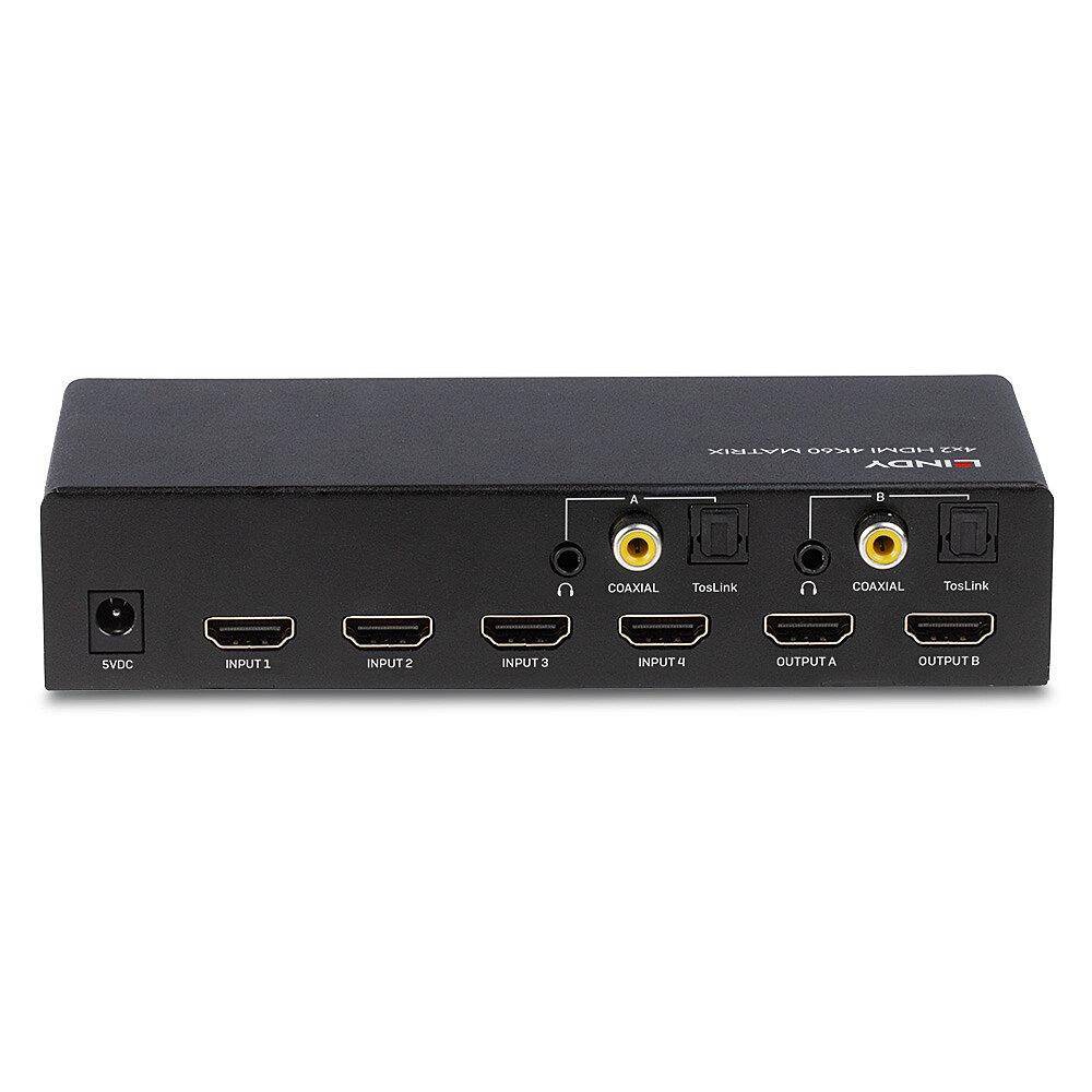 7843614e-213d-4f39-b08c-8ecb610deb2f I/O VIDEO MATRIX SWITCH 4X2/38084 LINDY sujungimo prievadų išdėstymas
