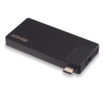 Dokstotėlė su USB-C ir HDMI jungtimis, matoma iš šono