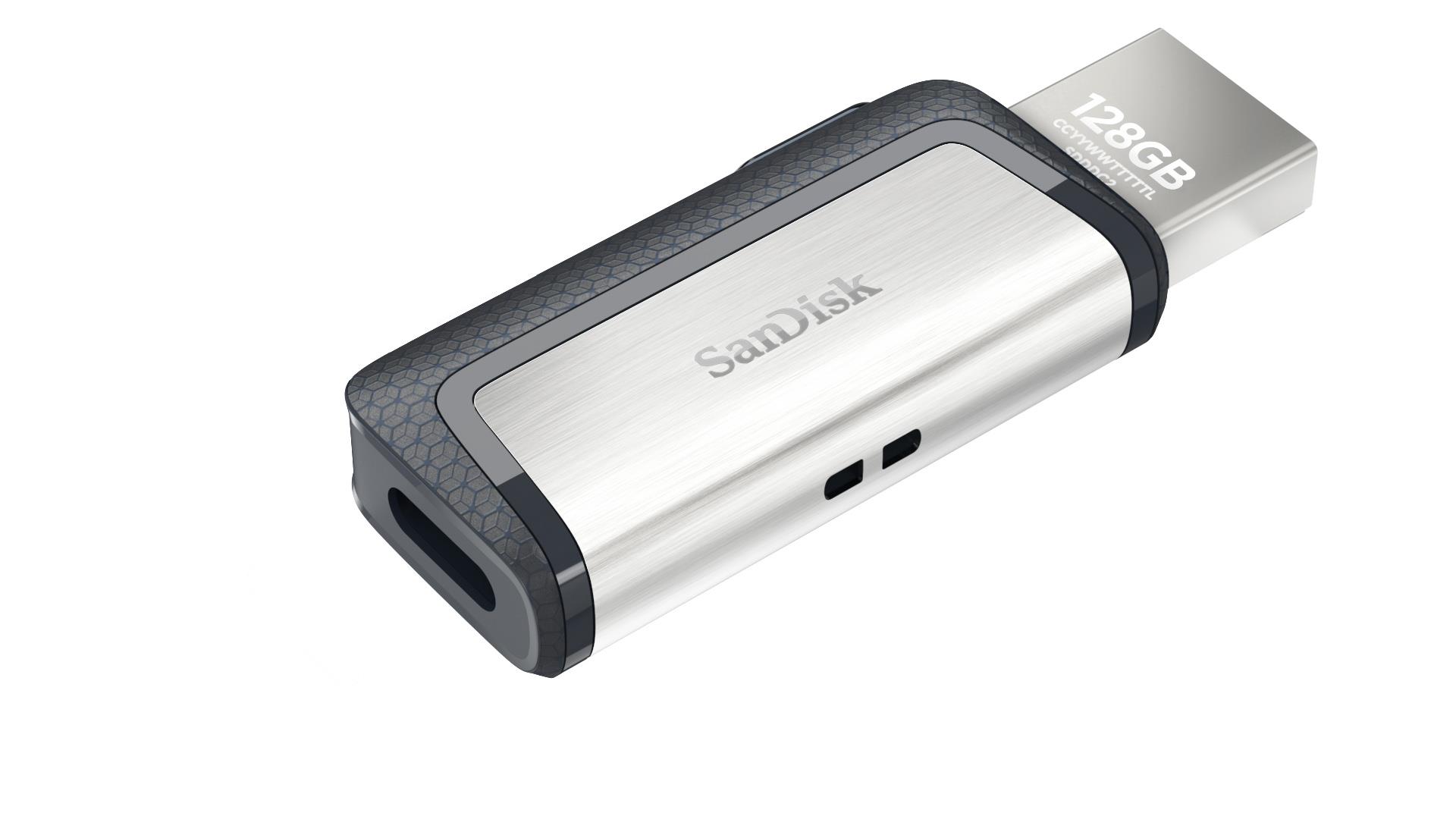 799a86a0-2dcf-400d-8147-1e66e2f7c607 USB-C atmintukas SanDisk 128GB, šoninis vaizdas su atidarytu korpusu