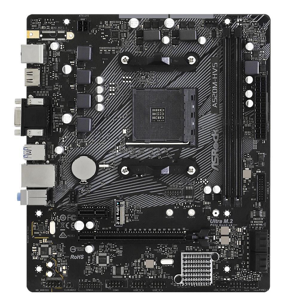 7aa478ce-d5fc-4e5b-a2a7-62cd59ca999a ASROCK A520M-HVS motininė plokštė, matoma iš šono su prievadų išdėstymu