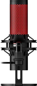 Mikrofonas HyperX QuadCast 2, juodas, matomas iš šono su apšvietimu