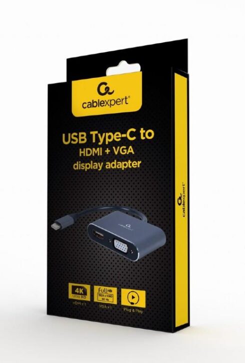 USB-C adapter su HDMI ir VGA jungtimis, pilkas