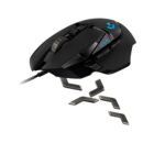 Pelė Logitech G502, matoma iš šono, rodo mygtukų išdėstymą