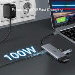 Adapterio priekis su septyniais USB-C prievadais ir HDMI jungtimi