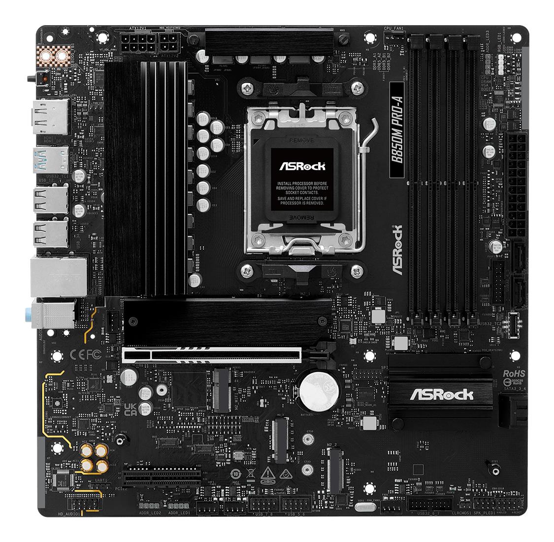 7fba1329-1e7d-4414-8cbd-506a904a7fbf Motininė plokštė ASROCK B850MPRO-A, matoma iš viršaus, rodo jungčių išdėstymą