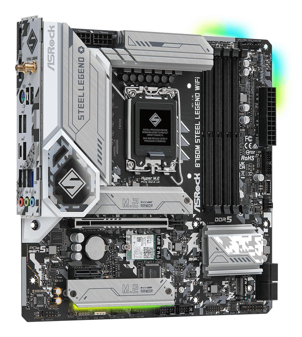 845ee8fb-af38-4f84-88f3-61e3cb5a2658 Mainboard ASROCK Intel B760 Express LGA1700 Micro-ATX Memory DDR5 Memory slots 4 1xPCI-Express 4.0 1x 1xPCI-Express 5.0 16x 4xM.2 1xHDMI 1xDisplayPort 2xUSB 2.0 5xUSB 3.2 1xUSB-C 1xPS/2 1xRJ45 3xAudio port B760MSTEELLEGENDWIFI